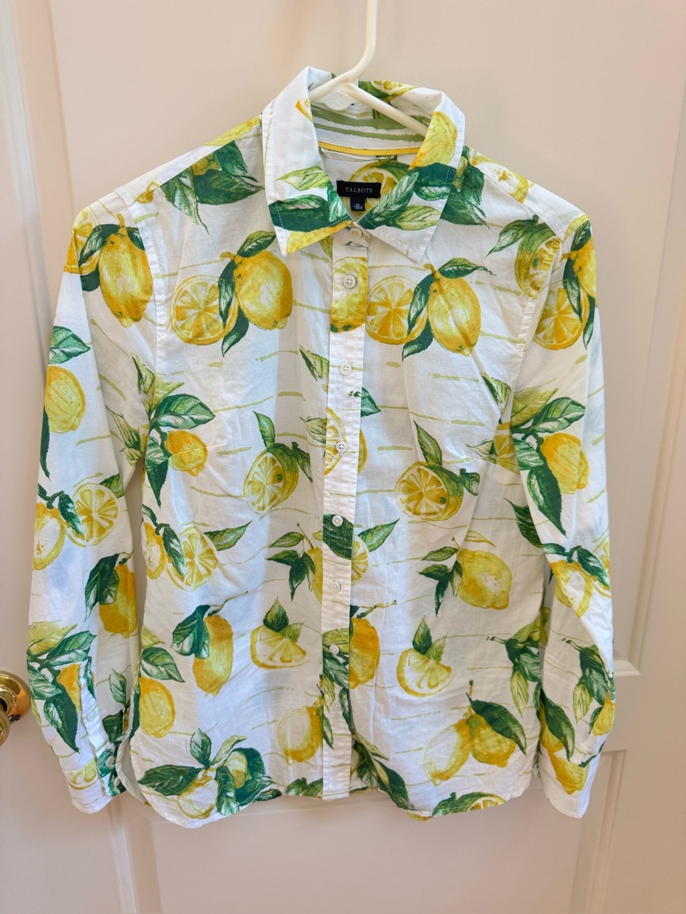 Talbots White Button-Down Shirt with Yellow Lemon & Green Leaf Print